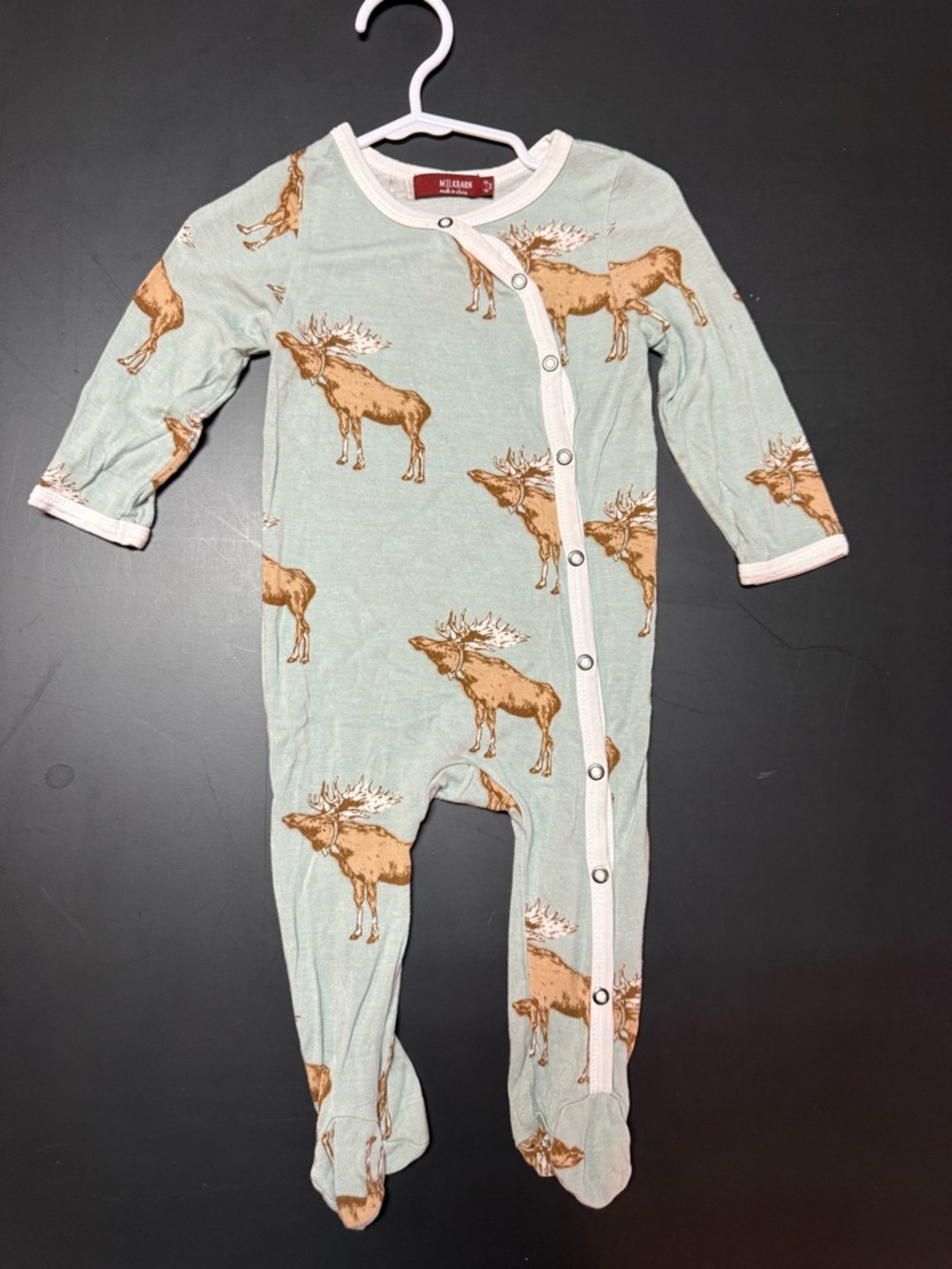 Milk Barn Snap Footed Romper in E Bow Tie Moose Print